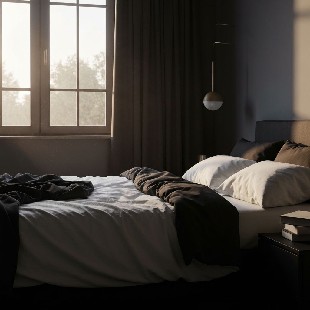 Peaceful bedroom with soft warm light creating relaxing sleep environment